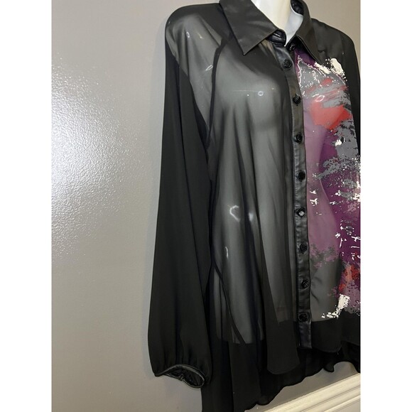 Bisou Bisou Blouse Womens Large Black Sheer Abstract Print Faux Leather Tunic - Picture 3 of 10